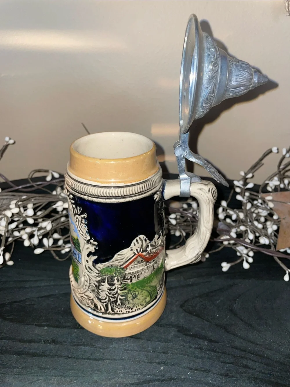 Vintage Baden-Baden Stoneware Souvenir Stein Featuring the Trinkhalle Structure.